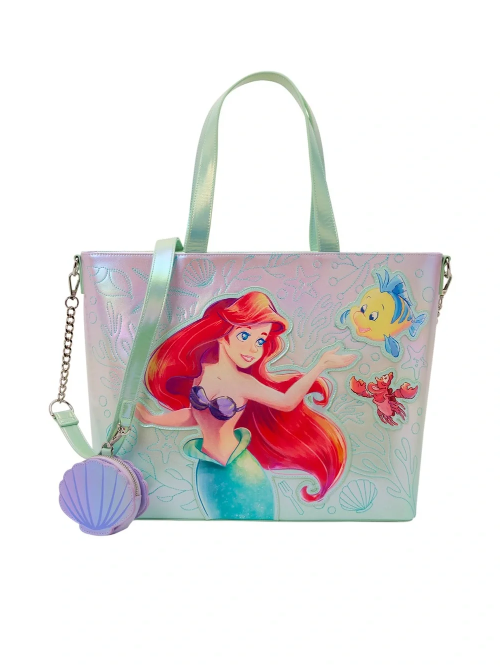 NWT Loungefly Disney Ariel Flounder Sebastian Little Mermaid Iridescent Tote Bag - Picture 3 of 5